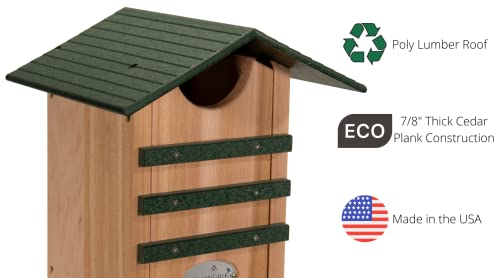 Screech Owl House Cedar Nesting Box with Poly Lumber Roof, Saw-Whet Owl Box for Outside, Drainage Ventilation, Easy Cleanout, Made in USA, Green - color: Green
