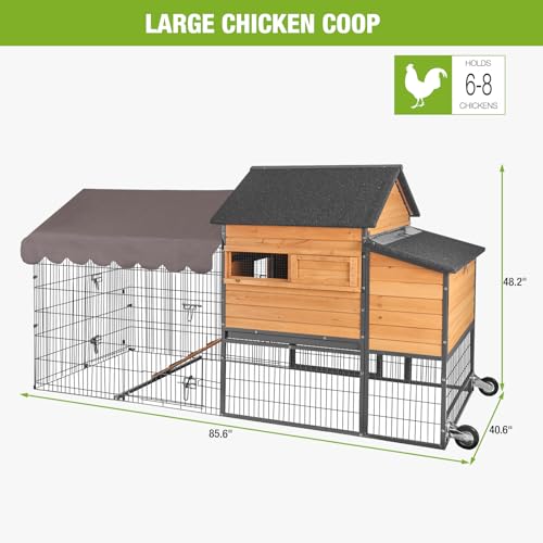 Large Chicken Coop with Run for 6-8 Chickens, All-Around Iron Frame Chicken Tractor with Wheels, Wooden Hen House Poultry Cage with Nesting Boxes and Metal Tray - size: 85.6"L x 40.6"W x 48.2"H