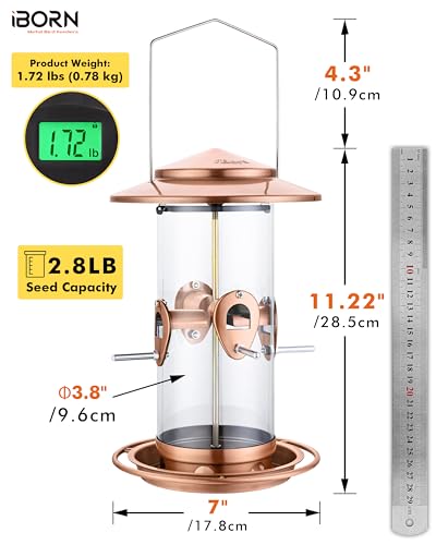 iBorn Metal Bird Feeder for Outside Hanging,Wild Bird Feeders for Cardinal,17.8cm Large Roof&Tray Copper-Plating 10 Port(Seed is not Included) - color: Copper-Plating,2.8LB,10Port