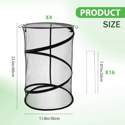 MDEOOSKY 4 Pack Pop Up Plant Covers Tent, 23.6"x11.8" Round Insect & Bird Barrier Mesh, Garden Protector Cage with 16 Ground Stakes, Foldable for Outdoor & Indoor Plants, Black