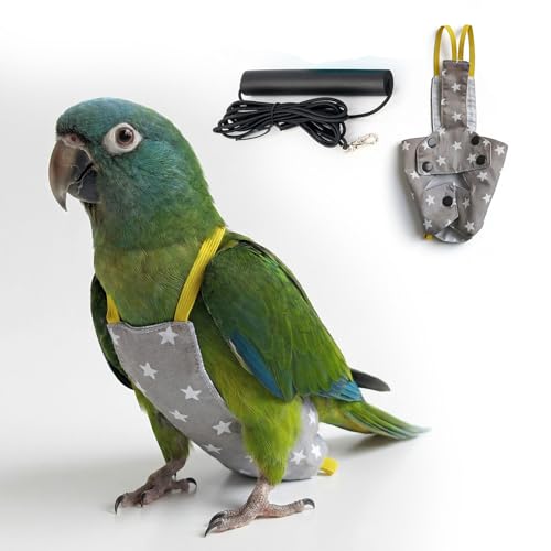 Bird Flight Harness Vest, Snap-Fastener Design Harness Vast, Bird Flying Clothes with Rope and Handle for Parakeets Cockatiels Conures Budgies（Gray Star - Vest + Traction L - color: Gray Star, size: L