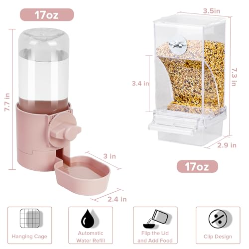 lemtrflo No Mess Bird Feeder Water Dispenser Set, Bird Feeder for Cage | Cage Accessories for Parrot, Finches, Budgies and Canaries - color: pink