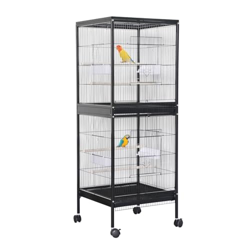 Parrot Cage, 55 Inch, 2 in 1, Cockatiel Cage, Parakeet Cage, Bird Cage with Stackable Metal Design, Slide-Out Tray & Wooden Perches, Indoor Birdcage for Canary, Lovebird, Budgie - size: 52.5*50*143cm