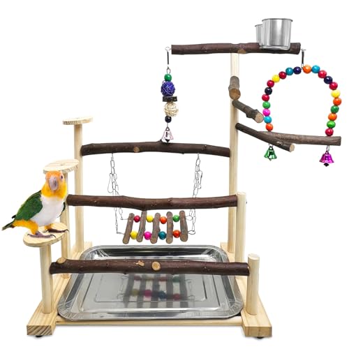 Kathson Wood Bird Playground Parrot Play Stand Bird Stand with Feeder Cups Birds Perch Stand with Ladder Hanging Swing Chewing Toys Conure Cage Accessories for Parakeet Conure Lovebird Cockatiel - size: Three floors