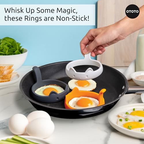 OTOTO PanCats Egg Ring Set of 3 - Silicone Egg Rings for Frying Eggs, Non Stick Fried Egg Cooker Ring, Cat Gifts for Cat Lovers, Cute Funny Kitchen Accessories Gadgets, Separator (Multicolor) - color: White, Black, Orange