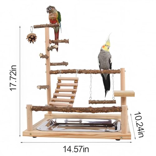 Natural Wooden Parrot Play Stand | Perch with Removable Tray, 2 Stainless Steel Cups & Swing | for Cockatiels, Budgies, Conures & Small Birds (2 Cup with Tray)