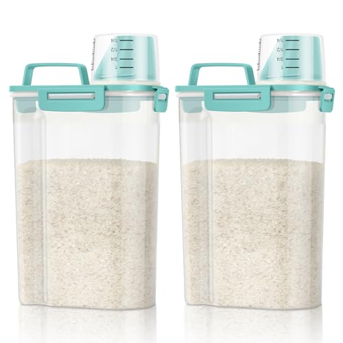 TBMax Rice Container Cereal Storage Container 2 Pack 5 Lbs, Kitchen Pantry Dry Food Storage Holder with Easy-Pouring Spout & Handy Cup, Small Pet Dog Cat Food Dispenser for Daily Feeding -Cyan - color: Cyan 3+3Qt