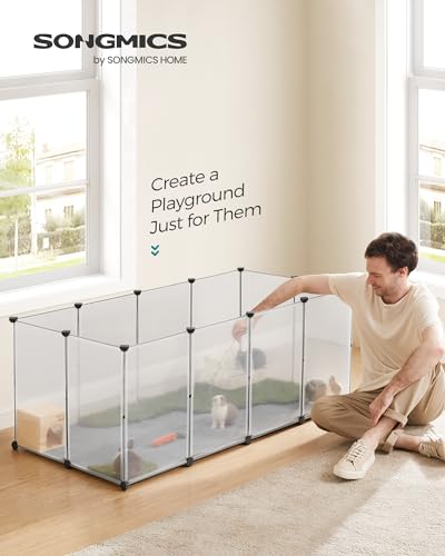 SONGMICS Pet Playpen with Floor, Small Animal Pen, Pet Fence Indoor, DIY Plastic Enclosure for Hamsters, Hedgehogs, 57.1 x 28.3 x 22.4 Inches, White ULPC007W01 - color: White, style: 20 Panels - 57.1"L x 28.3"W x 22.4"H