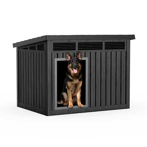Durable Waterproof Resin Dog House,Indoor Outdoor Doghouse for Small to Large Dogs,Dog Kennel with Air Vents and Elevated Floor,Easy to Assemble and Clean(Black 42.87 * 32.95 * 31.61) - style: Black