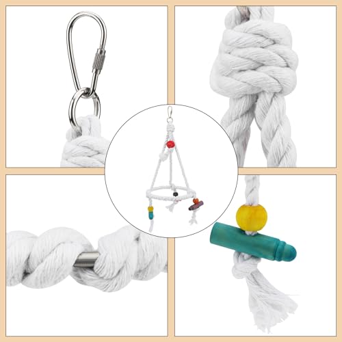 Hypeety Bird Swing Cotton Rope Round Hanging Hammock Perch Toy for Parakeet | Durable stainless steel ring with colorful beads, easy-hanging, stable ring struction, for budgies/conures/quakers, white