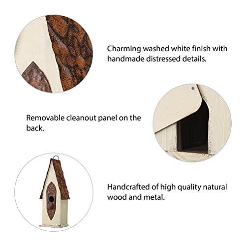 Glitzhome Bird Houses for Outside, Garden Hanging Birdhouse for Outdoors, 13.25" H Washed White Distressed Hand Painted Solid Wood Bird House for Bluebird Hummingbird Wren Finch Cardinals Cedar - color: Off-White