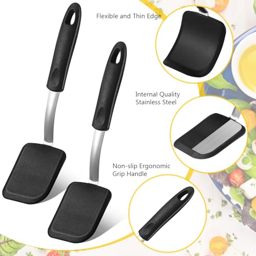 Silicone Cookie Spatula Turner 2 Pack Mini Brownie Spatula Flexible Kitchen Small Silicone Turner for Nonstick Cookware Heat Resistant No Scratch Flipper for Egg(Solid Flat,Black) - color: Black