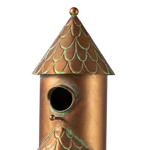 Glitzhome Birdhouses for Outdoors, Bird Houses for Outside, 53" H Farmhouse Faux Copper 2-Tiered Distressed Metal Bird House Decorative Garden Birdhouse with Stake
