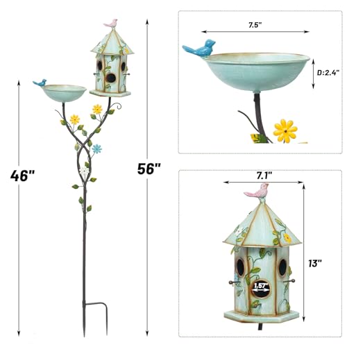 Bird Baths and Bird House with Pole,birdhouses for Outdoors，Metal Bird Bath | 56" H Bird Houses,Metal Bird Bath Bowl,Bird Bath with Stake,Garden Yard Decor