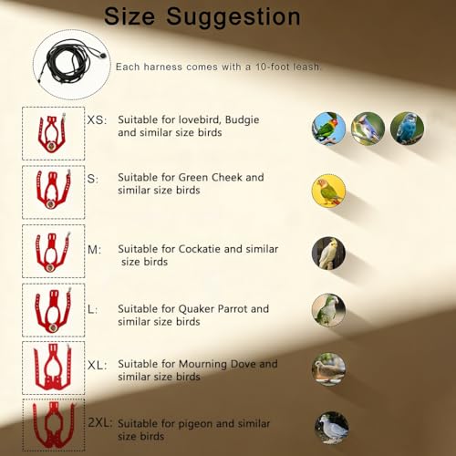 Adjustable Bird Harness & Leash Set for Small Birds,FitsBudgie,Parakeets, Conures, Cockatiels,Green Cheek,Quaker Parrots(Red, XL) 6350-11 - color: Red, size: XL,for Mourning Dove and similar size birds