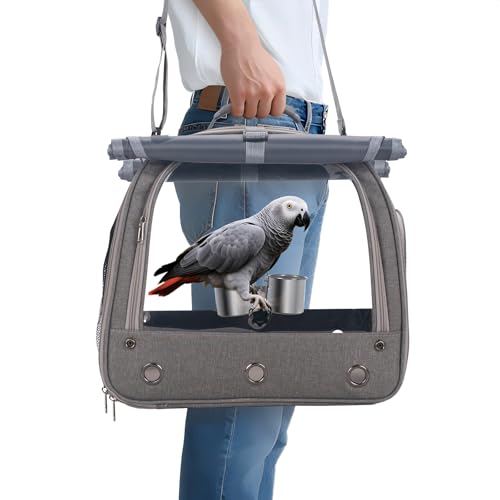 Bird Carrier Parrot Travel Cage with Perch, Food Bowl, Tray and Breathable Clear Window, Bird Travel Bag for African Gray Cockatiel Caique Conure Quaker, for Vetting Camping Hiking (Gray) - color: Gray