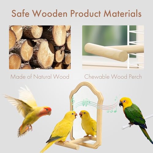 Parrot Mirror Toy with Natural Wood Perch | Fun Self-Entertainment for Birds | Prevent Boredom, Feather Plucking & Loud Calls | Acrylic Mirror and Wood Perch for Parakeets, Cockatiels, Lovebirds