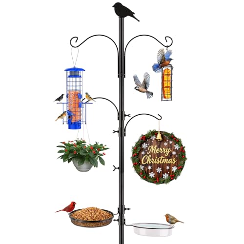 4 Hook Bird Feeding Station Kit,75in Heavy Duty Shepherd Hooks for Outdoor,Birds Feeder Stand Pole with 5 Prong Base|Metal Suet Feeder|Birds Bath|Mesh Tray,Planter Hanger