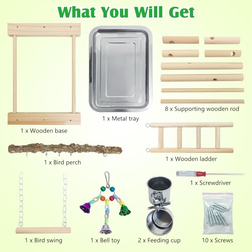 kathson Parrots Playground Bird Perch Wood Playstand Stand with Ladder Swing Feeder Cups Chew Toy for Parakeet Conure Cockatiel Budgie Lovebird Finch Small Birds
