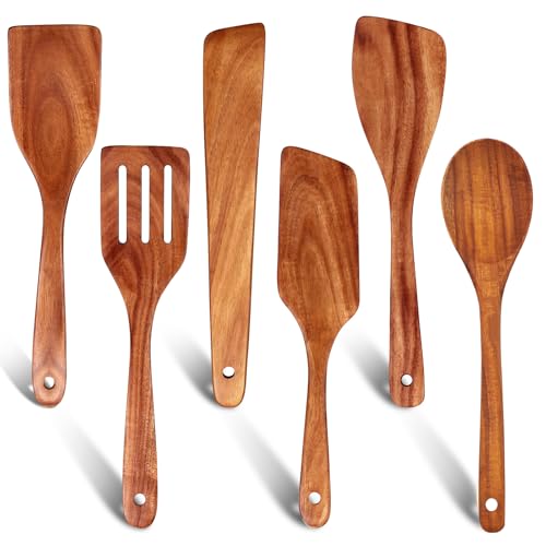 Flat Wood Spatula Set Teak Wooden Spoon for Cooking Utensils Slotted Turner | 6 Pcs Best Non Toxic Kitchen Utensil Set Scraper Spurtle Serving Turner Bamboo Cooking Spoons Egg Flipper Spatulas - color: 6 Pcs