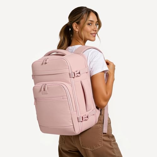 40L Travel Backpack for Women & Men: Flight Approved Carry On Backpack, TSA Personal Item Bag with Water Bottle Pocket, Weekender Essentials Backpacks fits 17" Laptop - Pink - color: Pink, size: X-Large