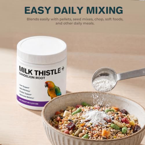 Milk Thistle & Dandelion Root for Birds, Bird Wellness Powder | 800 mg Milk Thistle & 200 mg Dandelion Root per Scoop for Parrots, Pigeons & Pet Birds, 60 g