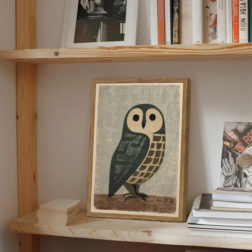 Japanese Owl Wall Art, Vintage Bird Wall Decor Painting Japan Mid Century Wildlife Animal Poster Canvas Prints Picture for Bedroom Living Room Farmhouse 16x24 inch Wood Framed - color: Animal-O, size: 24"L x 16"W