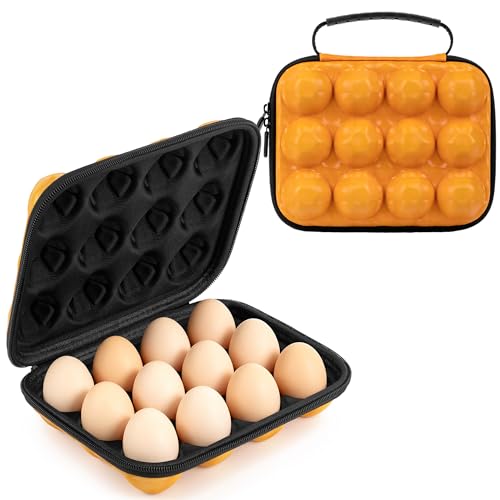 12 Egg Holder for Camping, Shockproof EVA Egg Carrier with Handle, Portable 12-Grid Egg Container for Outdoor Picnic & Travel, Protective Egg Case for RV & Hiking, Hard Shell Storage Box