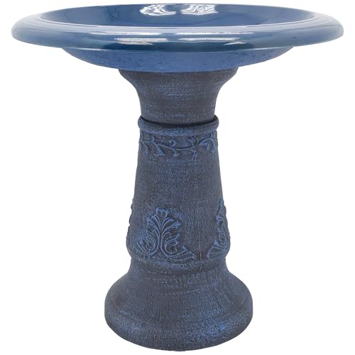 Arcadia Garden Products Fiberclay Bird Bath Outdoor Garden Decor, Antique Vintage Weather Resistant Water Bowl for Backyard and Patio and, 20-inch Tall, Blue - color: Blue