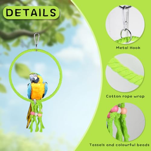 Bird Swing, 20 CM Diameter Hanging Parrot Swing with Colourful Beads, Swing Parrot Toys Cotton Rope Ring Bird Cage Toys for Budgie, Cockatiel, Canary, Parakeet, Finch (Green) - color: green