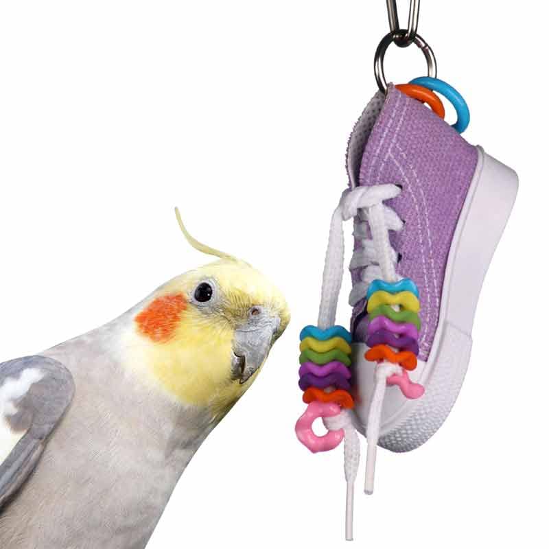 Super Bird Creations SB719 Beaker Sneaker Bird Toy for Parrotlets, Parakeets, Cockatiels, Lovebirds, ringnecks, Medium Conures - Mini Colorful Canvas Sneaker - Small/Medium Bird Size, 6" x 2"