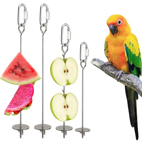4 PCS Bird Cage Food Holders Stainless Steel Stick Feeder Parrot Fruit Vegetable Skewer Hanging Small Animal Hanging Foraging Accessories for Bird Parakeet Cockatoo Cockatiel