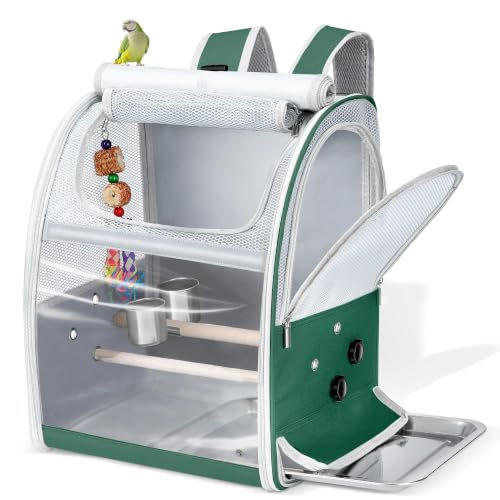 Sanmoncare Bird Carrier Backpack with 2 Adjustable Perches, Water-Repellent Parrot Travel Cage with Stainless Steel Tray, Breathable Pet Carrier for Cockatiels, Conures and Vet Visits, Green - color: Green