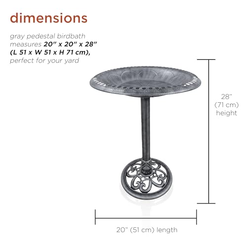 Alpine Corporation TEC116GR Outdoor Pedestal Birdbath w/Scrollwork Base and Stakes, Elegant Birdbath for Garden, 28" H, Gray - color: Gray