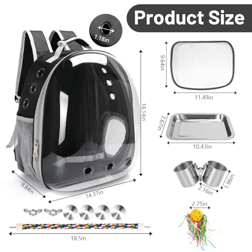 Bird Backpack Carrier, Travel Bird Cage for Small Medium Size Parrot Parakeet Budgies Cockatiel, Portable Clear Bubble Window Bag with Stainless Steel Tray Food Bowl Standing Perch (Black) - color: Black