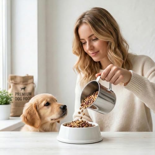 Dog Food Scoop 1.5 Cup, 304 Stainless Steel Dog Food Measuring Cup with Handle Durable Dog-Cat Pet Food Scoop Cup 1 1/2 Cups Measuring Scoops for Dogs, Cats, Birds, Rabbits for Dry Food and Treats