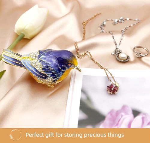Blue Starling Bird Figurine Hinged Jewelry Trinket Box Gift for Women | enameled with crystals setting Bird Lover Gifts Ring Earrings Storage, Bird home decor - color: Blue-Yellow