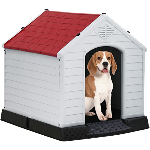 FDW Dog House Indoor Outdoor Durable Ventilate Waterproof Pet Plastic Dog House for Small Medium Large Dogs Insulated Puppy Shelter Kennel Crate with Air Vents and Elevated Floor - style: Red