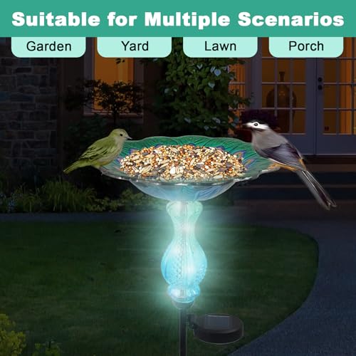 Blue Peacock Ground Stake Solar Bird Feeder for Outside,Bird Pond Outdoor Glass BirdBath with Metal Stake Garden Yard Outdoor, Garden Decoration Yard 32 inches