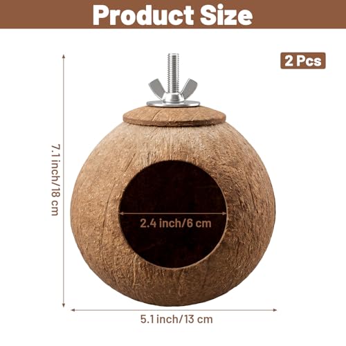 2 Pcs Natural Coconut Shell Bird Nest House Bed Breeding Nesting Anti-Pecking Bite Parakeet Hide Breeding Hut Bird Cage Accessories for Hamster Birds Parrot Budgie Lovebird Canary Finch