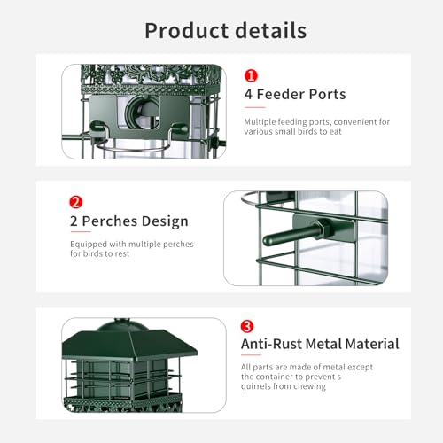Squirrel Proof Bird Feeder, 2.8LB Weight-Activated Metal Outdoor | Weight-activated guard, metal body, clear seed tube, 4 ports, top-fill, 2.8LB capacity for outdoor backyard bird watching