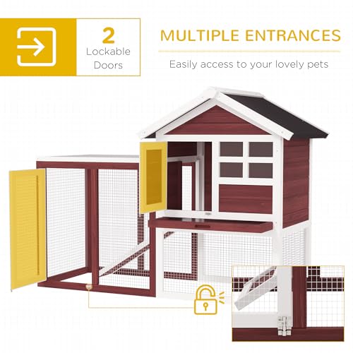 PawHut 49" Wooden Rabbit Hutch Bunny Cage with Fun Outdoor Run Brown | Waterproof Asphalt Roof, Removable Tray and Ramp, for Rabbits, Chickens, Ducks - color: Brown and White