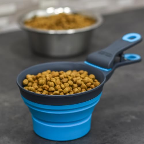 Dexas Popware for Pets Collapsible Klip Scoop, 3-in-1 Pet Food Scoop, Measuring Cup and Bag Clip, 1/2 Cup Capacity, Pro Blue - color: Pro Blue, size: 1/2 Cup Capacity