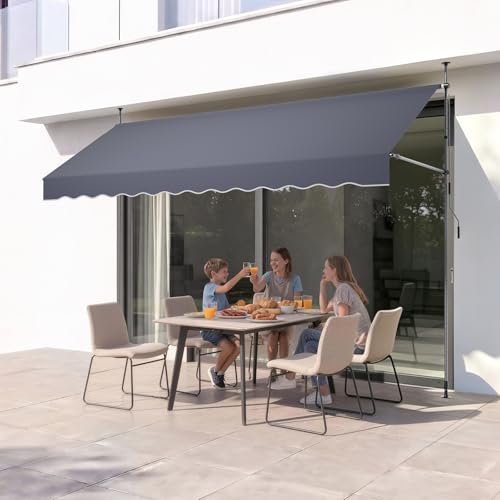 VEVOR Manual Retractable Awning, 138" x 59" Outdoor Patio Awnings Sunshade Shelter with 43"-59" Retractable Side Bar, No Drill Height Adjustable, Crank Handle for Backyard, Balcony, Dark Gray - size: 138x59 in