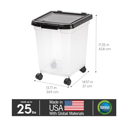 IRIS USA Dog Food Storage Container, Up to 25 lbs, Black, Made in USA | Wheels for Mobility, Airtight Seal, BPA-Free, Best for Bird Seed, Cat food, Cat Litter, Chicken Feed, Pellets - color: Black, size: 25 lbs