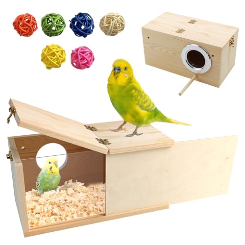 Acrylic Bird Nesting Box,Transparent Parakeet Nesting Box with Perch Natural Wood Cockatiel House for Cage Handcrafted Visible Budgie Breeding Home for Parrots Finches Conures Small Birds - size: [M]