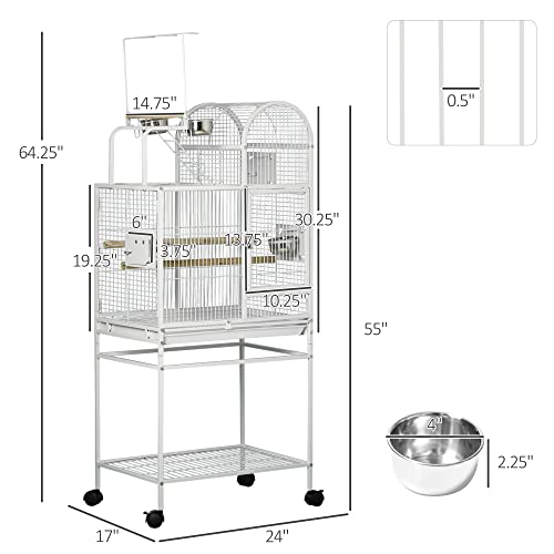 PawHut 55" Large Parrot Cage with Toy Hooks Above Top Bird Perch, Tray, Food Cups, Rolling Stand, Bird Cage for Cockatiels, Parakeets, Lovebirds | Above Top Bird Perch, Rolling Stand, for Cockatiels, Parakeets, Lovebirds