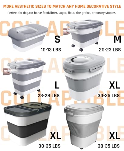 28-30lbs Collapsible Dog Food Storage Container,Airtight Dog Food Container | Pet Food Storage Container with Double Seal Lid,Wheels,Multifunctional for Dog,Cat,Rice,Flour,Scoop &Small Container - color: Grey-30lbs