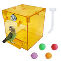 PINVNBY Yellow Acrylic Parrot Bath Box,Bird No-Leakage Bathtub for Cage Hanging Tube Shower Box Cage Accessory with Water Injector and Balls Toys for Small Pet Birds Canary Budgies Lovebirds(6 Pcs)