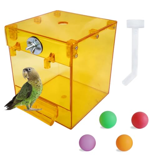 PINVNBY Yellow Acrylic Parrot Bath Box,Bird No-Leakage Bathtub for Cage Hanging Tube Shower Box Cage Accessory with Water Injector and Balls Toys for Small Pet Birds Canary Budgies Lovebirds(6 Pcs)